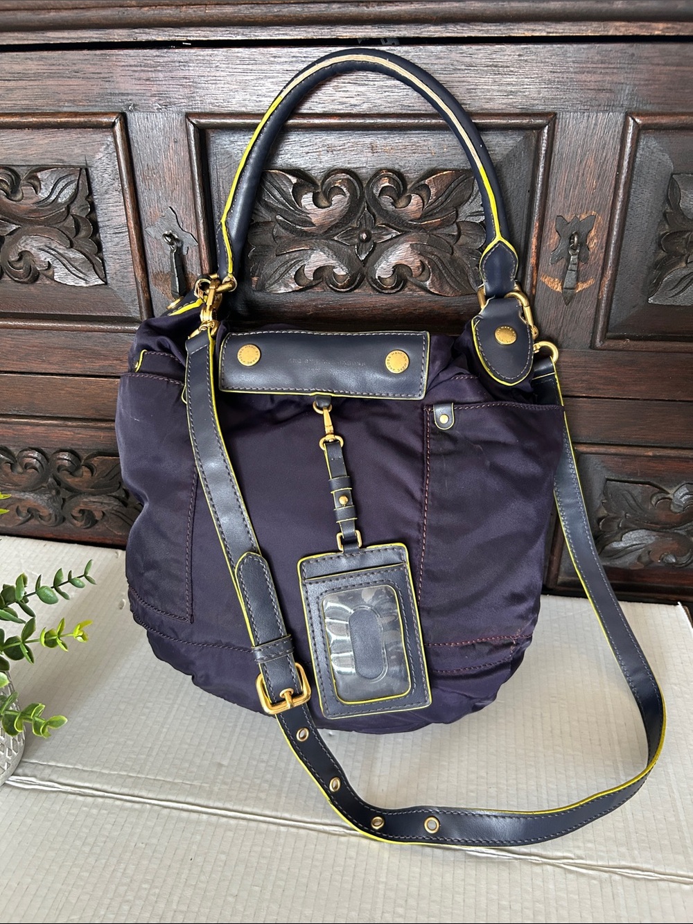 Marc Jacobs Nylon Navy Blue Shoulder Bag with Yellow Trim